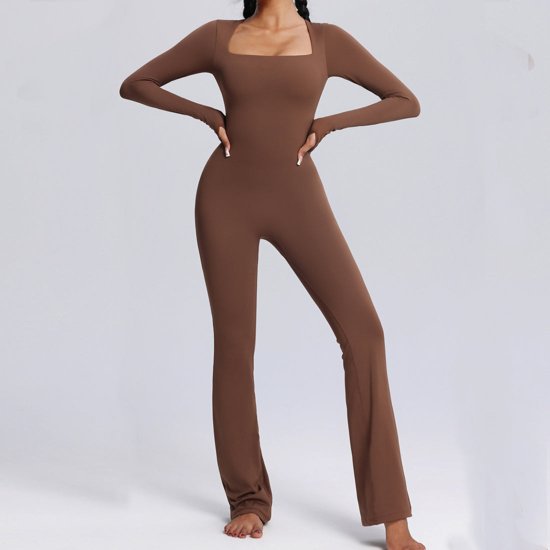 Neck Long-sleeved Jumpsuit Yoga Fitness Sports Flared Pants Breathable Bodysuit Women's Clothing