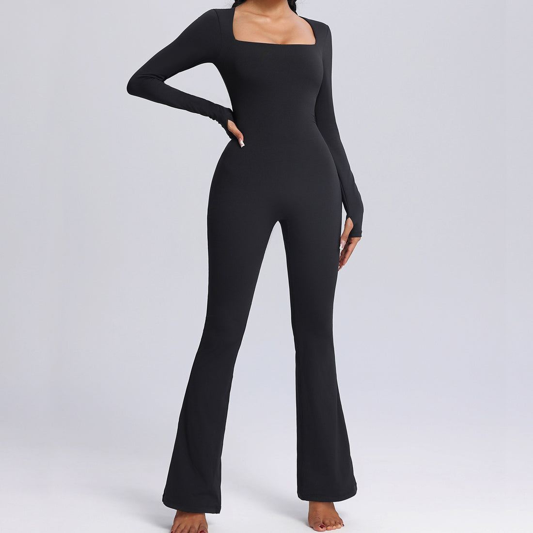 Neck Long-sleeved Jumpsuit Yoga Fitness Sports Flared Pants Breathable Bodysuit Women's Clothing