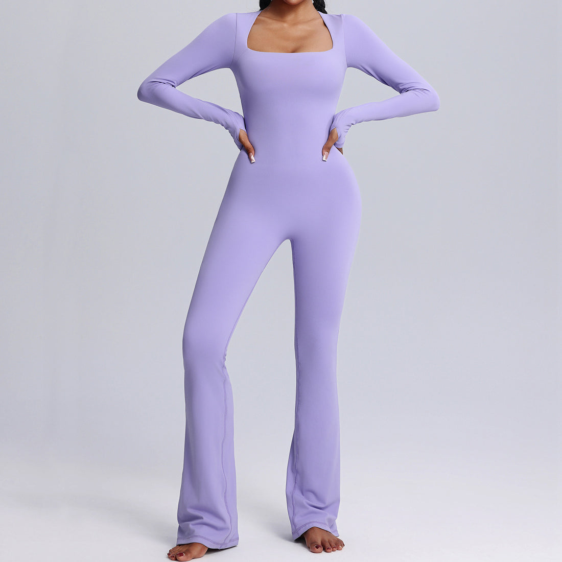 Neck Long-sleeved Jumpsuit Yoga Fitness Sports Flared Pants Breathable Bodysuit Women's Clothing