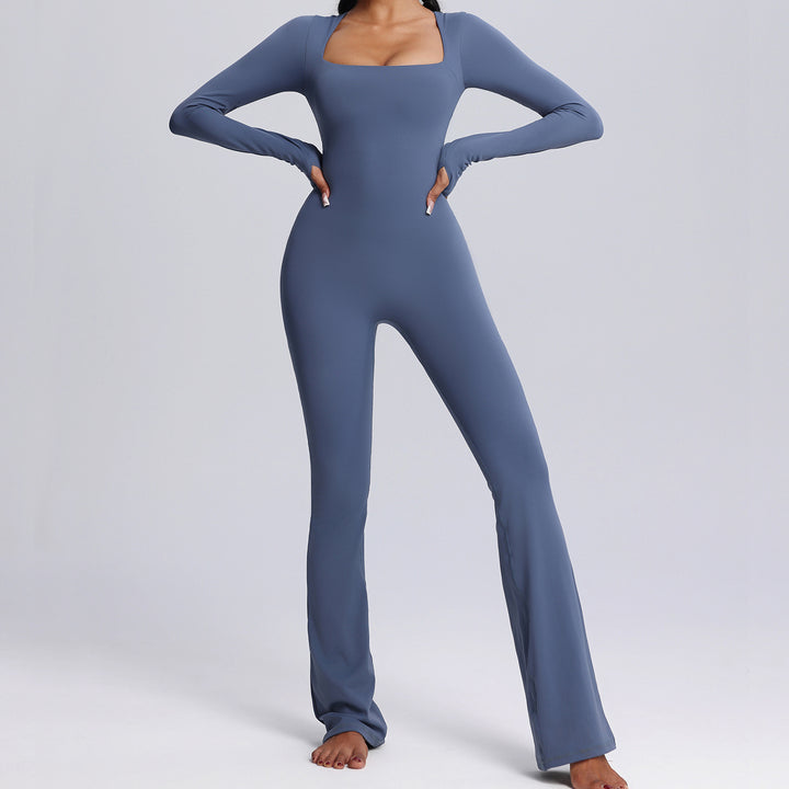 Neck Long-sleeved Jumpsuit Yoga Fitness Sports Flared Pants Breathable Bodysuit Women's Clothing